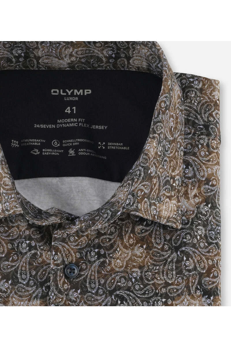 OLYMP Luxor 24/Seven Modern Fit Jerseyhemd Braun, Gemustert 3 OLYMP Luxor 24/Seven Modern Fit Jerseyhemd Braun, Gemustert – Bild 3