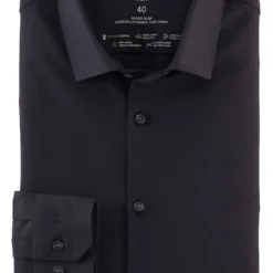 OLYMP No. Six 24/Seven Dynamic Flex Super Slim Jerseyhemd Schwarz, Einfarbig