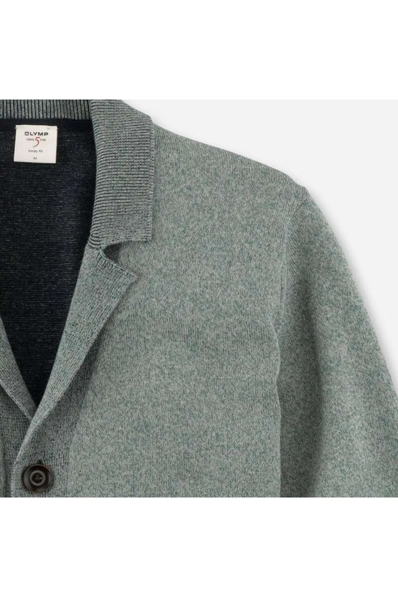 OLYMP Level Five Body Fit Herren Strickjacke Reverskragen Grün 2 OLYMP Level Five Body Fit Herren Strickjacke Reverskragen Grün – Bild 2