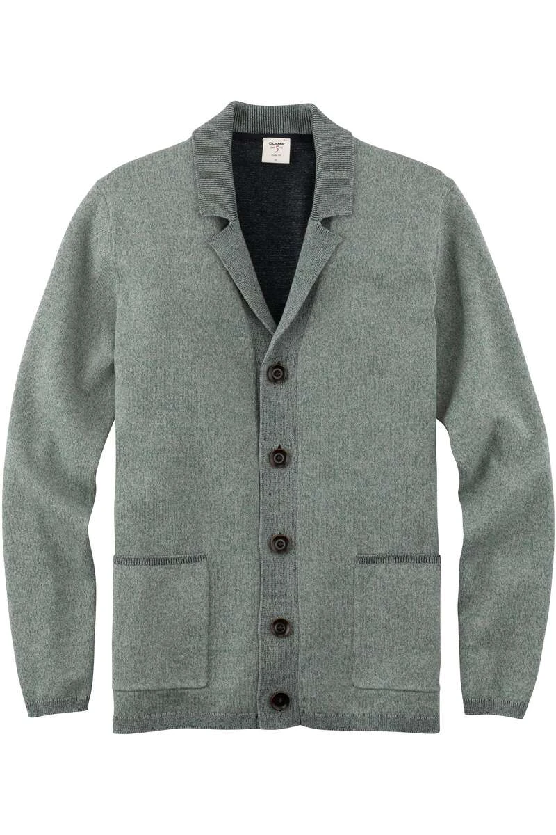 OLYMP Level Five Body Fit Herren Strickjacke Reverskragen Grün 1 OLYMP Level Five Body Fit Herren Strickjacke Reverskragen Grün